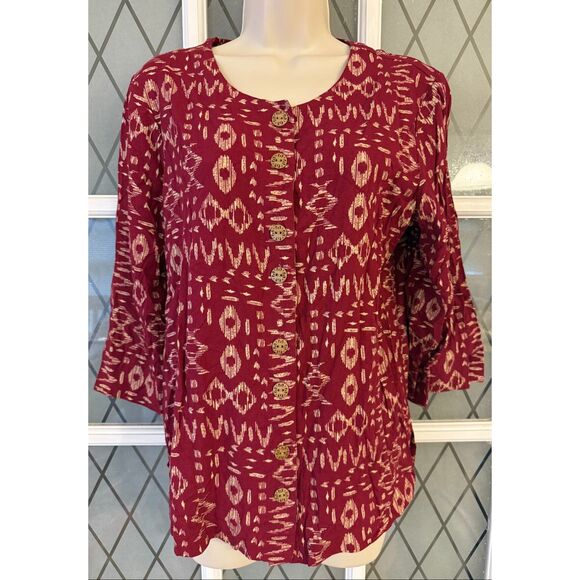 VTG NWOT Blair Tribal Print Button Down Blouse 3/4 Sleeves Burgundy Size Small. - Picture 2 of 8